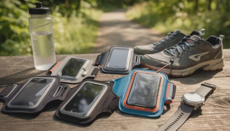 Collection de brassards running smartphone colorés avec téléphones, montre connectée, chaussures de course et bouteille d'eau sur table en bois