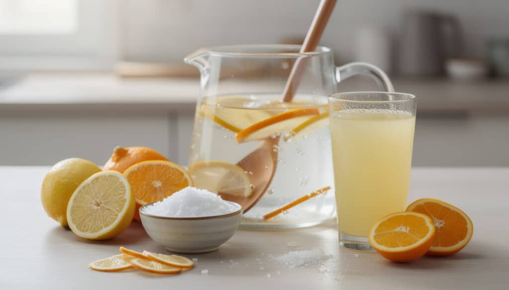 Préparation maison d'une boisson isotonique avec citron, orange, sucre et eau dans un verre et une carafe