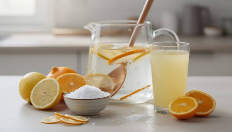 Préparation maison d'une boisson isotonique avec citron, orange, sucre et eau dans un verre et une carafe