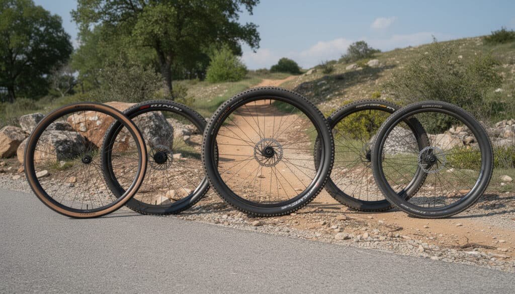 Cinq roues de vélo alignées montrant différents profils de jantes et types de pneus pour route et VTT