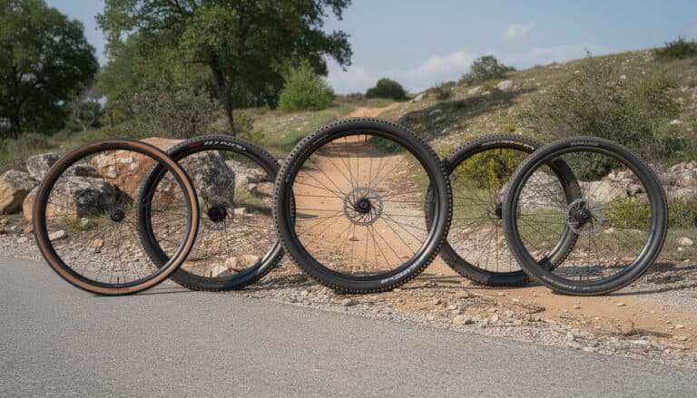 Cinq roues de vélo alignées montrant différents profils de jantes et types de pneus pour route et VTT