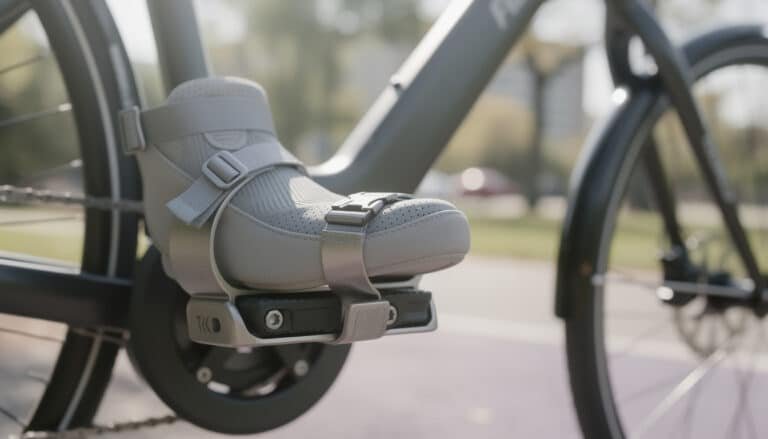 Repose-pieds vélo avec surface antidérapante et sangles de maintien, montrant la compatibilité de fixation sur tube de cadre