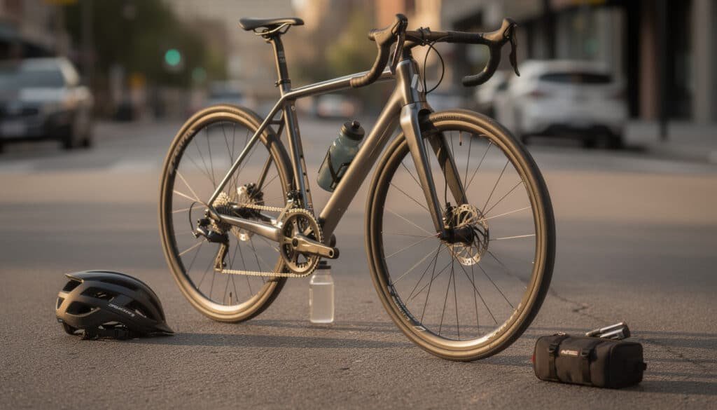 Vélo de route gris métallisé avec casque noir, gourde et sacoche sur route urbaine