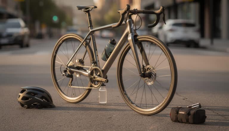 Vélo de route gris métallisé avec casque noir, gourde et sacoche sur route urbaine