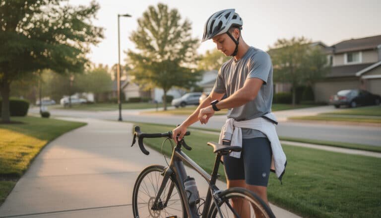 Cycliste débutant en tenue de route sur un vélo de route en zone résidentielle, casque de sécurité, illustrant un plan d'entraînement