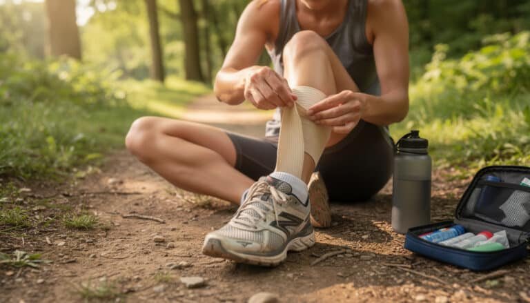 Runner appliquant une bande de compression sur sa cheville sur un sentier forestier après une blessure