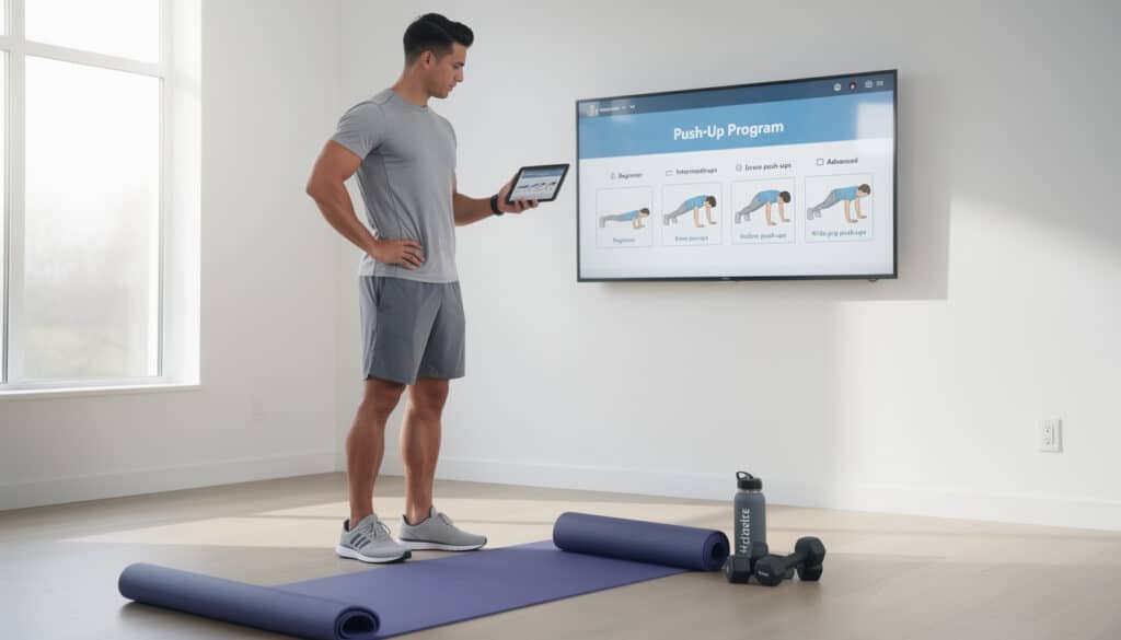 Homme consultant un programme de pompes sur tablette face à un écran affichant les variantes de push-ups pour débuter
