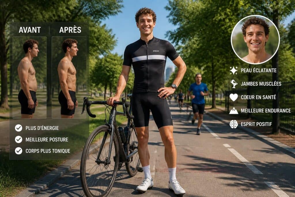 Cycliste avec vélo et schéma avant-après sur une route