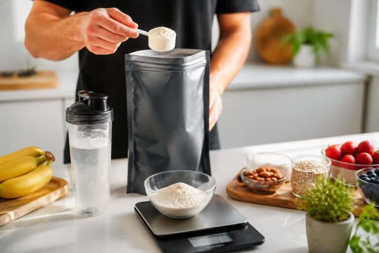 Dose de poudre protéinée au-dessus d’un sachet avec shaker et fruits