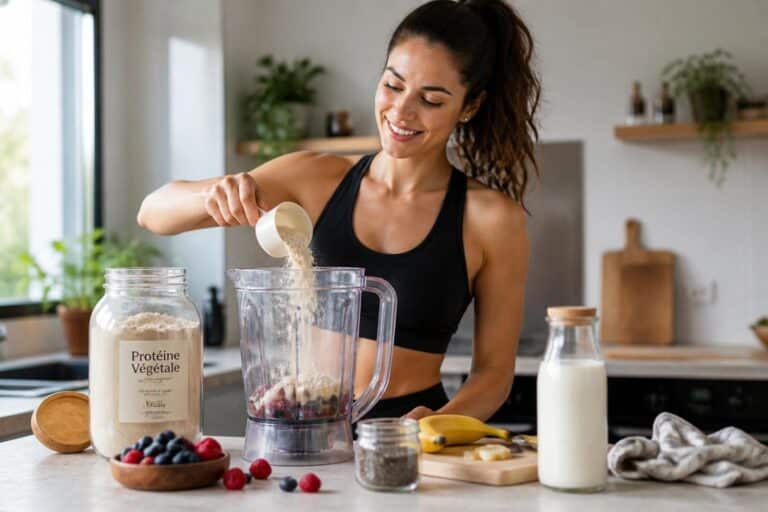 Femme versant de la protéine végétale dans un blender avec fruits et bouteille blanche