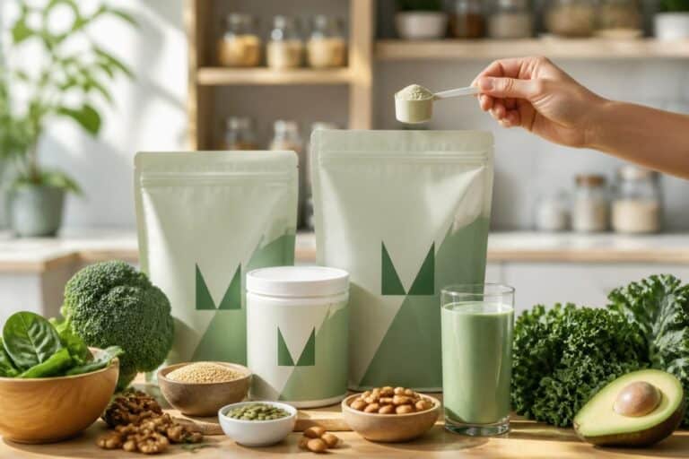 Protéines végétales avec légumes verts, graines et boisson verte