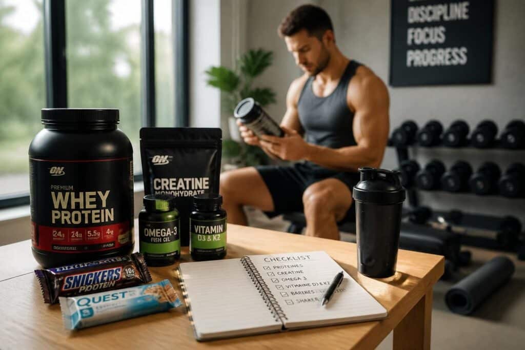 Homme en tenue de sport lisant un pot de complément près de produits et d’un carnet