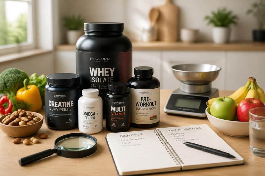 Pots de compléments alimentaires avec fruits, balance, loupe et carnet