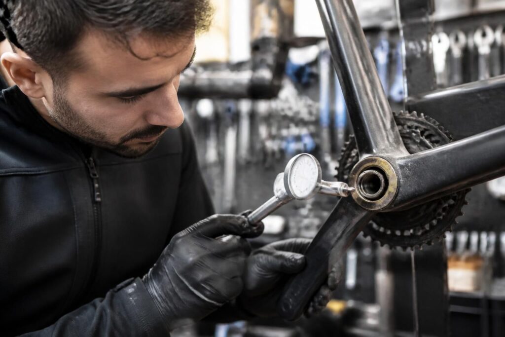 Mécanicien inspectant le pédalier d’un vélo avec une loupe