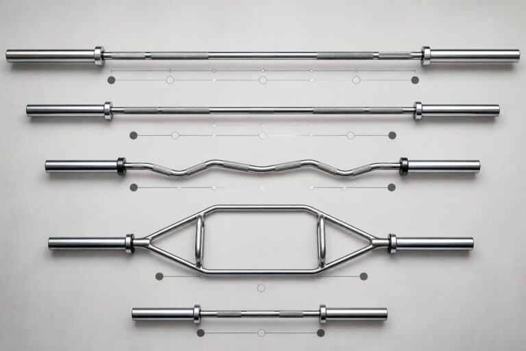Cinq types de barres de musculation alignés sur un fond clair