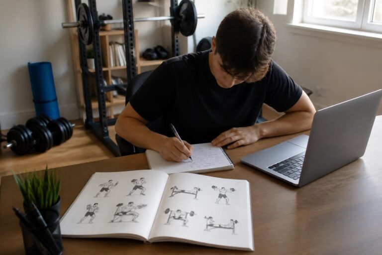 Jeune homme écrivant près d’un ordinateur et d’un livre d’exercices de musculation