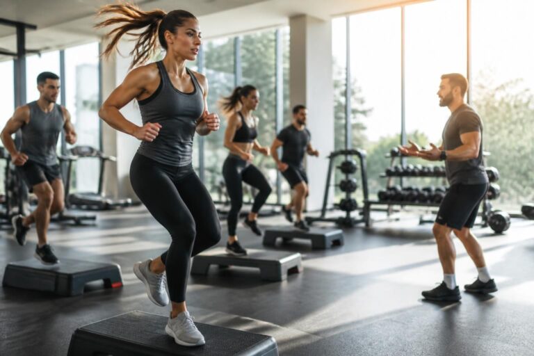 Groupe faisant des exercices de step en salle de sport