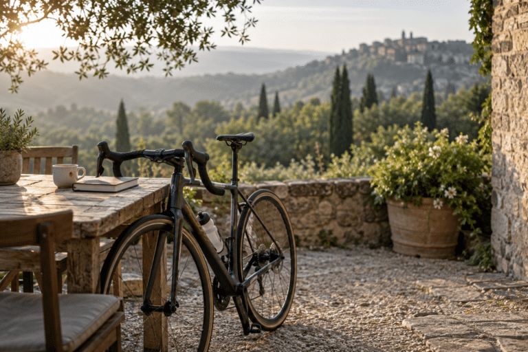 Vélo de route noir posé à côté d’une table en bois, avec une tasse et un carnet, colline en arrière-plan
